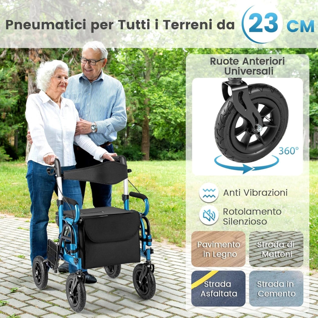 2 in 1 Deambulatore Pieghevole e Sedie a Rotelle per Anziani in Alluminio, Rollator Altezza Regolabile con Seduta e Freni, Girello per Anziani con Ruote Robuste, Carico Massimo 140 kg (Blu)