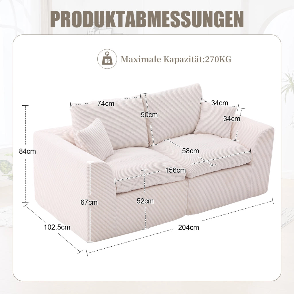OKWISH Divano 2 Posti da Soggiorno, con Cuscini e Seduta Imbottita, Design Minimalista, Velluto a Coste, Beige