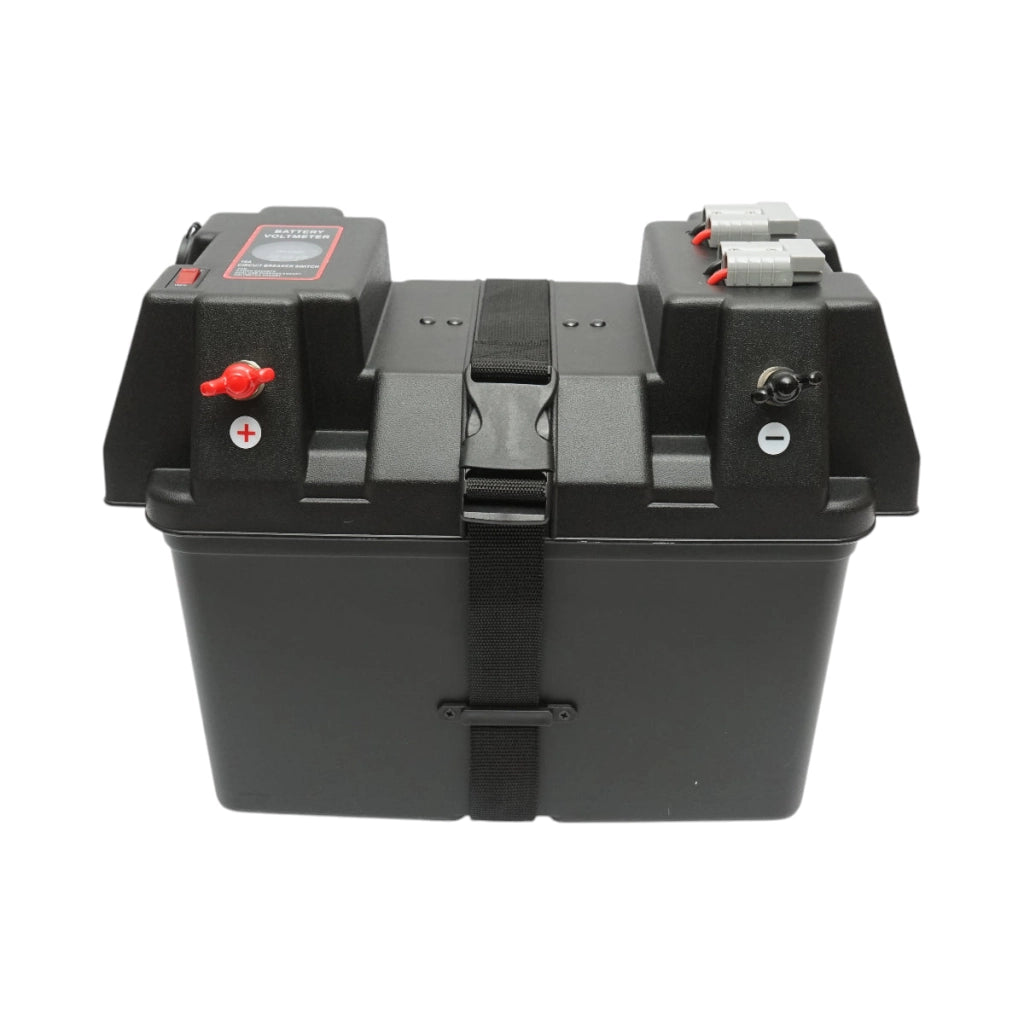 Cassetta per batteria auto 12V con voltmetro DC 6–36V, interruttore di circuito 16A, fusibile da 30A, 2 prese accendisigari, display LCD, 2 porte USB, 340 × 195 × 200 mm.