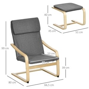 Poltrona relax con poggiapiedi, rivestimento effetto lino grigio, struttura in legno, per soggiorno e camera da letto
