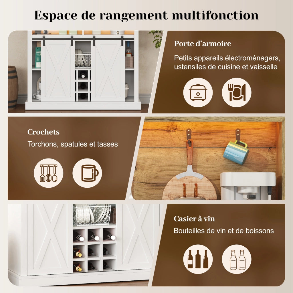 Credenza da cucina con LED; ripiani aperti; ante scorrevoli e ganci; per cucina e sala da pranzo; 40 × 110 × 191 cm