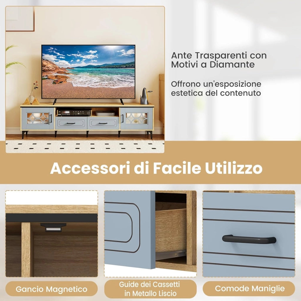 Mobile TV in Legno per Televisori Fino a 80", Mobile Porta TV 180 cm con 2 Cassetti, 2 Armadi e Scomparto, 7 Gambe Metalliche Rialzate, Consolle Media per Soggiorno (Blu)