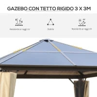 Gazebo da Giardino 3x3m con Tetto in Policarbonato e Zanzariere, Caffè e Khaki