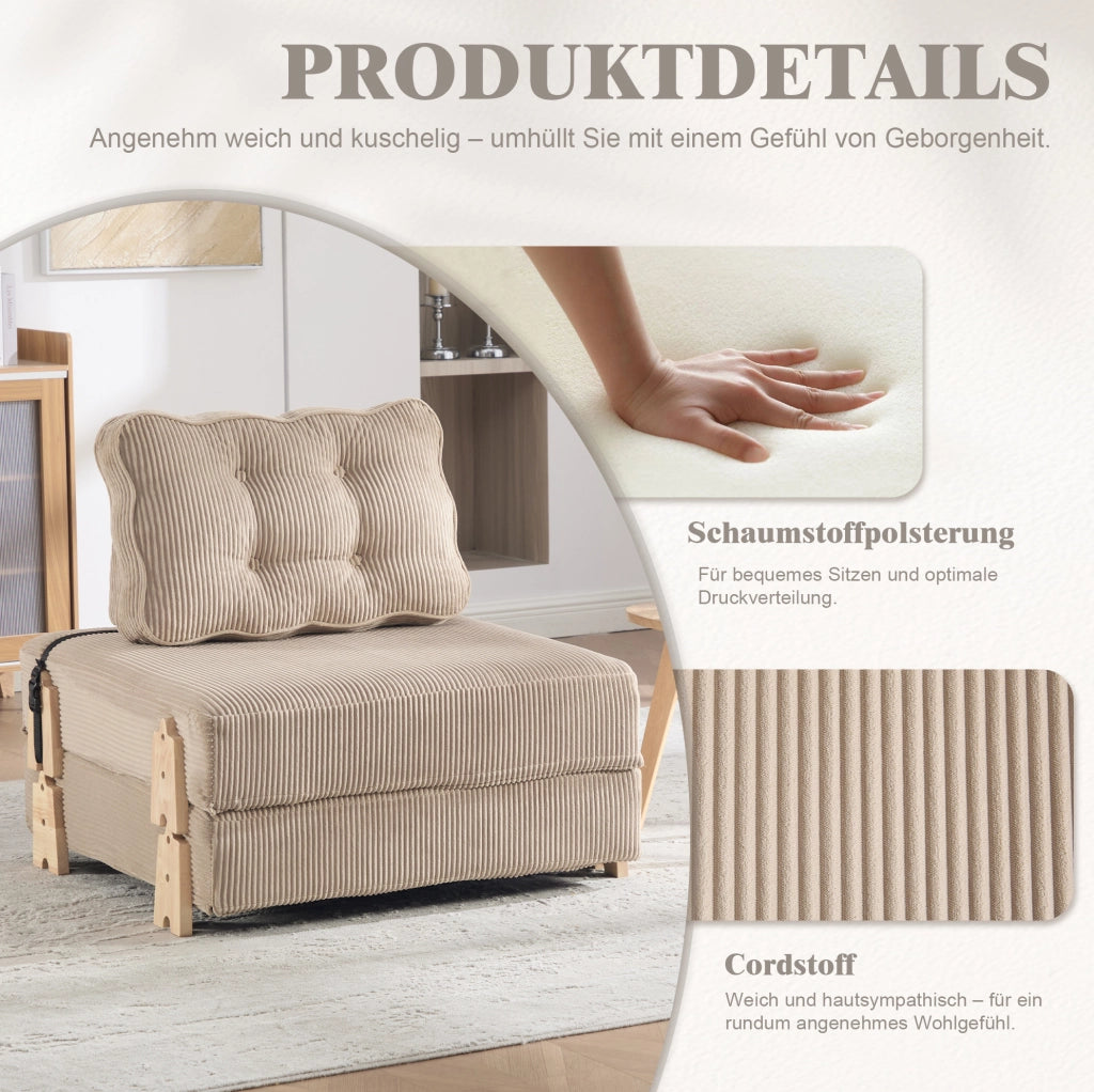 POLTRONA Letto Pieghevole 90x170 cm Velluto a Coste Cachi Legno Massello