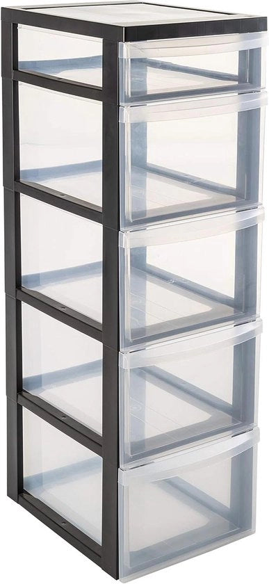 Cassa di archiviazione a torre 4 x 15 L + 1 x 7 L caricabile con ruote maniglie ergonomiche - Nero