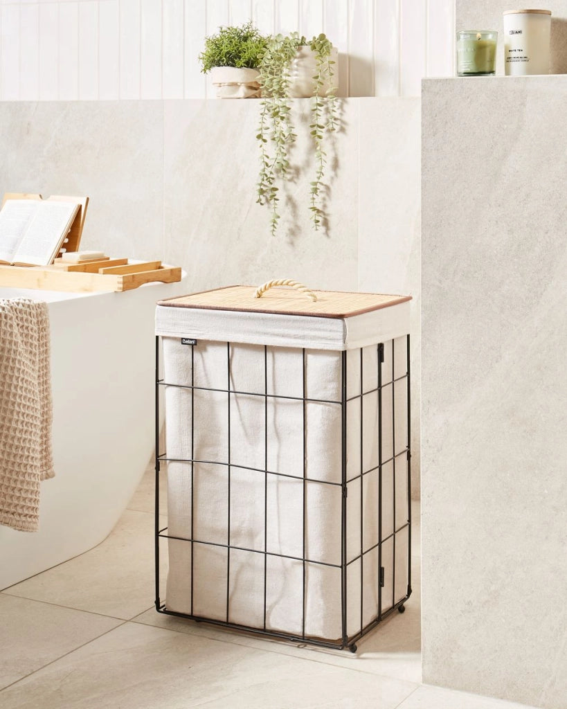 Cesto portabiancheria in metallo con coperchio rimovibile in bambù nero e legno chiaro stile moderno