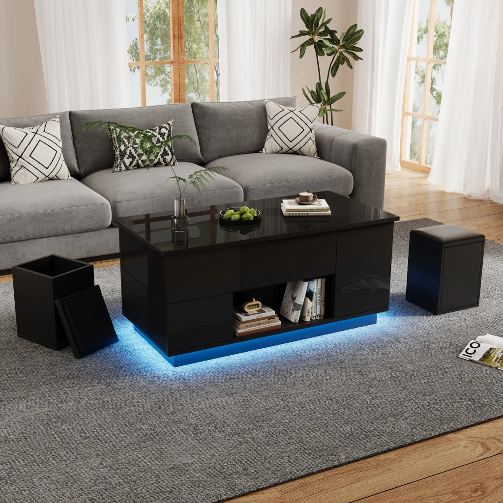Tavolino da caffè elevabile con LED, 2 cassetti e 2 pouf nero
