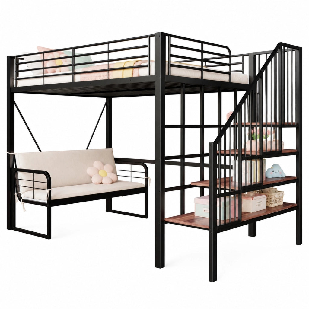 Letto a castello 140 x 200 cm in metallo con divano imbottito e scala contenitore