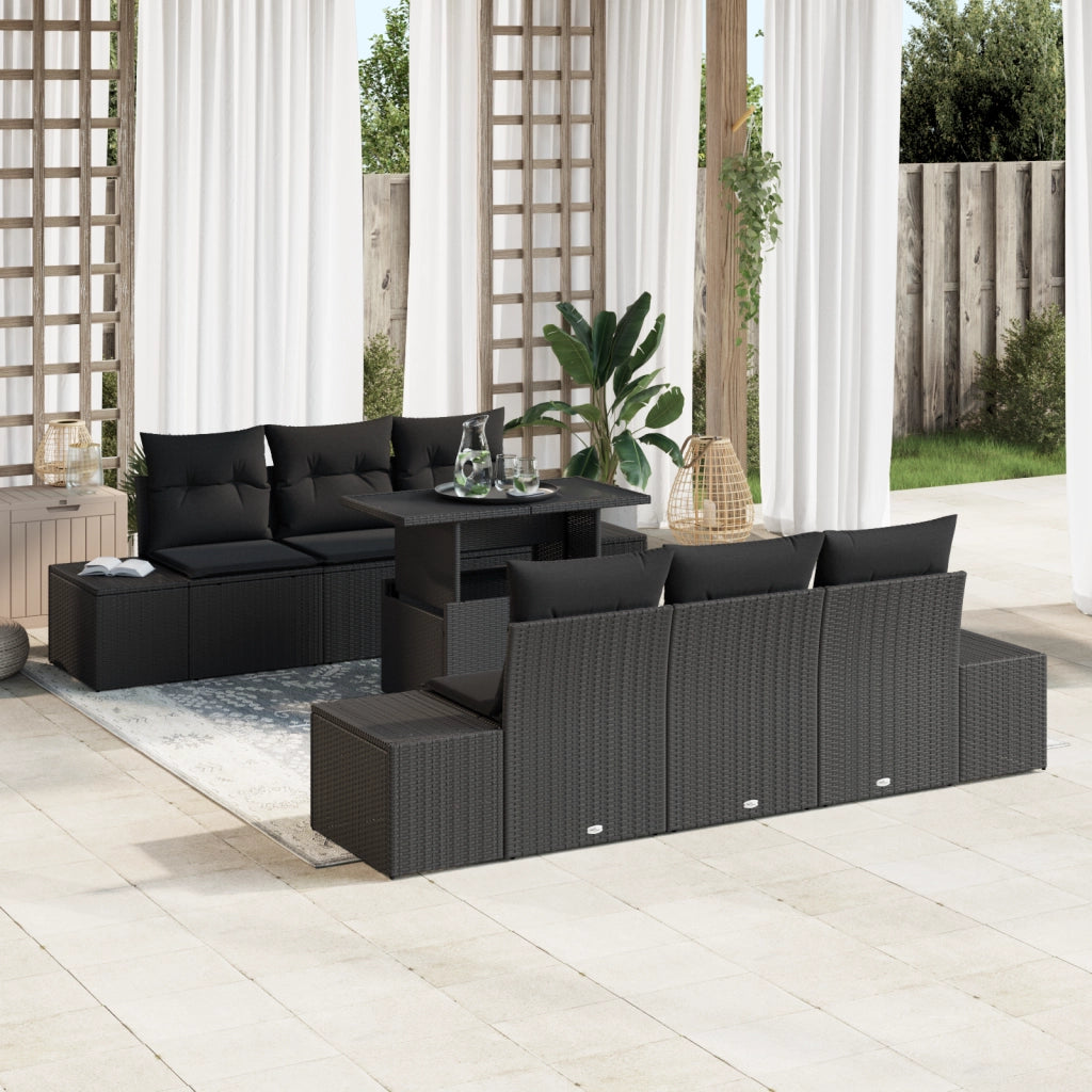 Set Divano da Giardino in 7 Pezzi con Cuscini in Polyrattan Nero