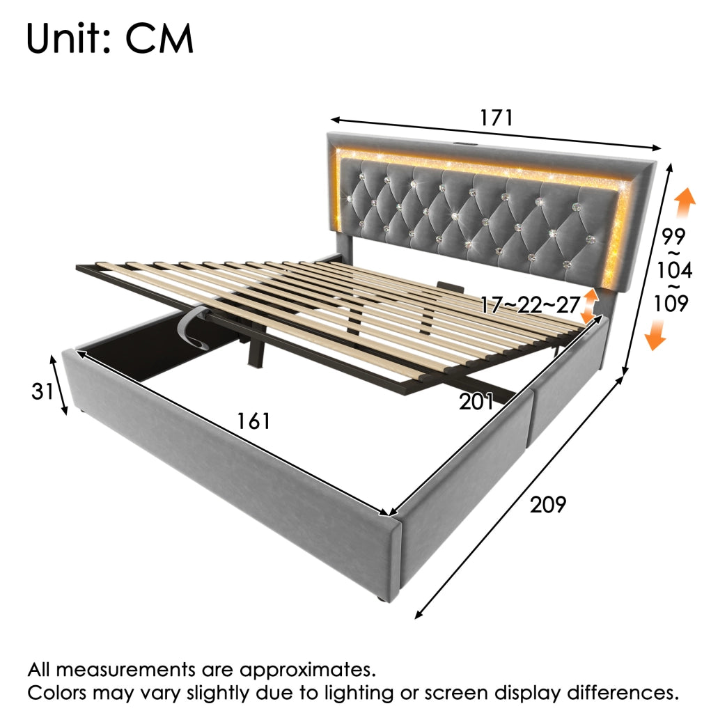 Letto matrimoniale 160x200 cm con contenitore idraulico; LED; USB e USB-C in velluto grigio