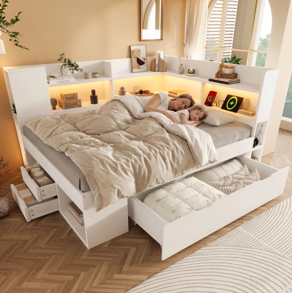 Letto da giorno 140x200 cm con materasso; LED; USB e Type-C; bianco