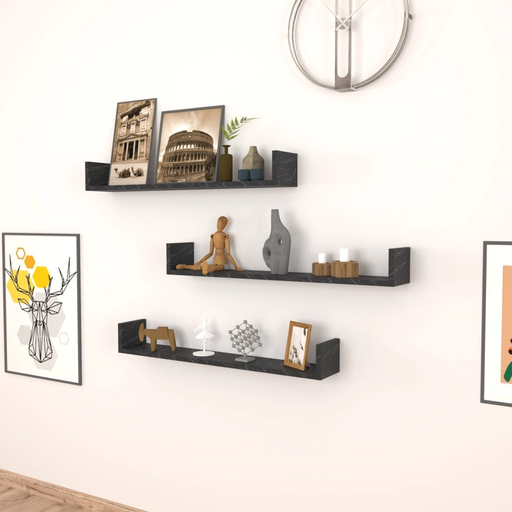 Set 'Höganäs' 3 Mensole da Muro - Consolli Pensili con Piano d'Appoggio a Forma di U - Largo 90 cm - Effetto Marmo Nero [en.casa]