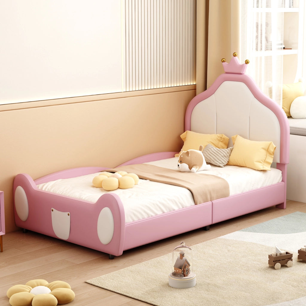 Letto imbottito per bambini 90x200 cm rosa e bianco con testiera a corona