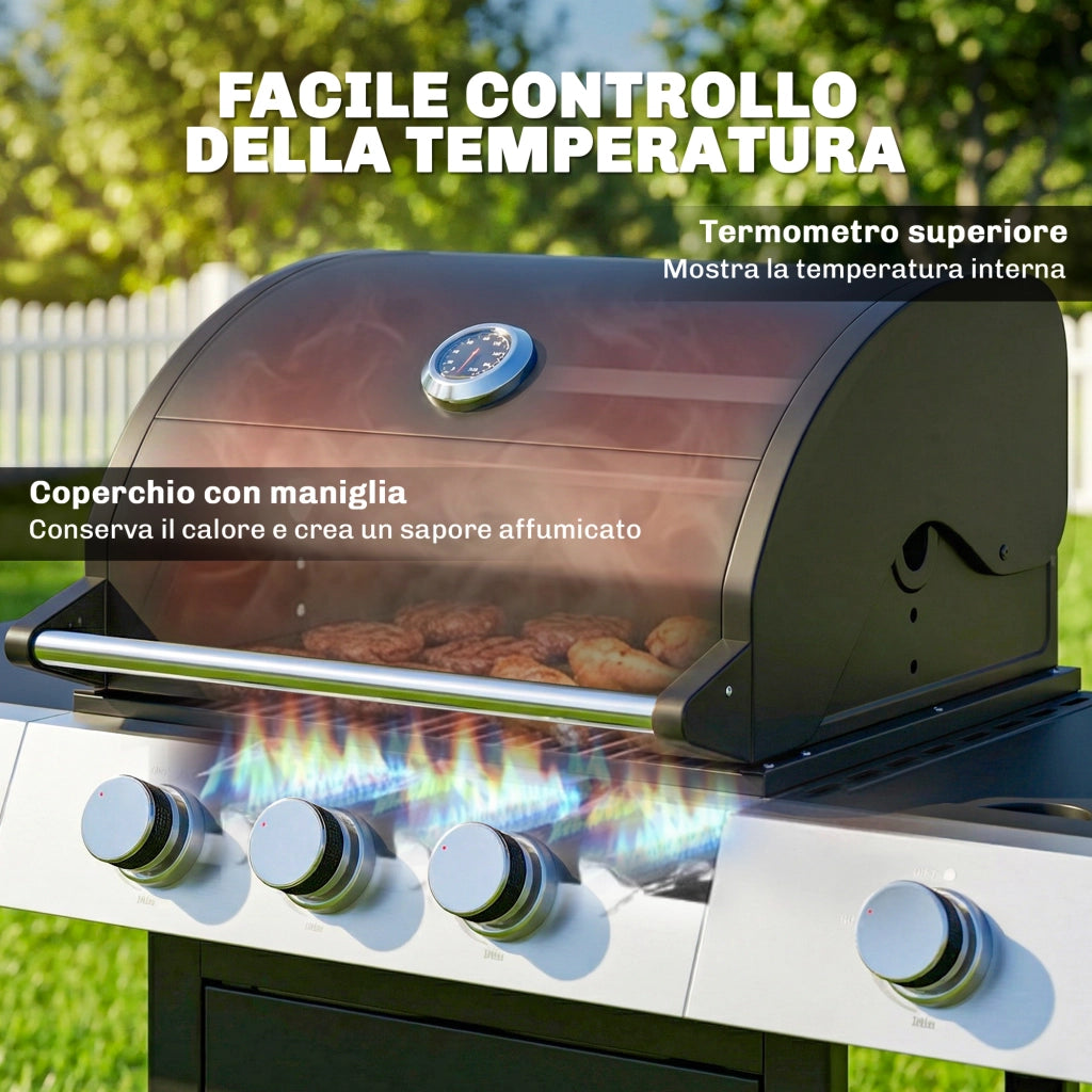 Barbecue a Gas con 3 Fuochi e Bruciatore Laterale, 109x50x109 cm, Nero