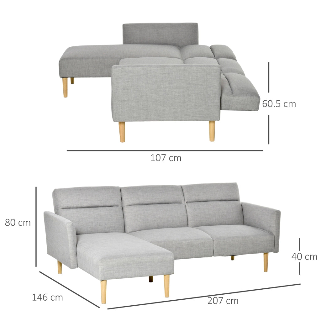 EasyComfort Divano Letto 3 Posti, Divano Angolare in Tessuto Grigio con Schienale Regolabile, Stile Scandinavo, 207x146x80cm
