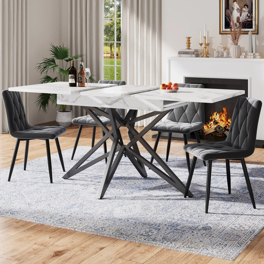 Tavolo da pranzo allungabile con 4 sedie, piano in MDF effetto marmo, per cucina e sala da pranzo, bianco