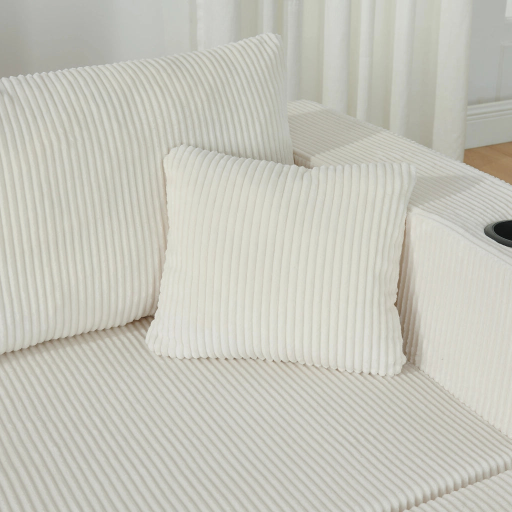 Divano angolare modulare 3 posti con pouf mobili, portabicchieri e tasche laterali, in tessuto a coste beige