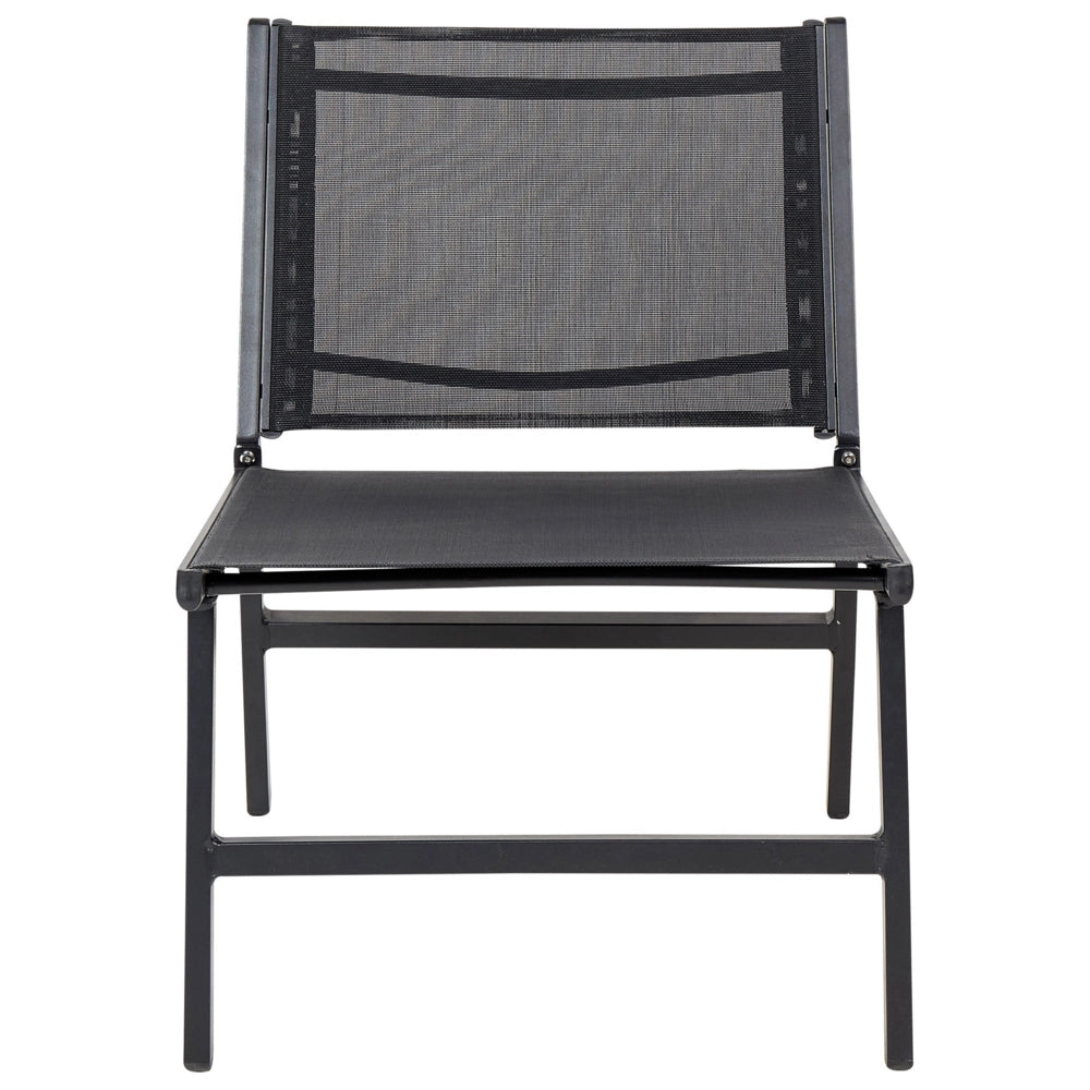Sedia da giardino Sedile in textilene nero Schienale in metallo con poggiapiedi Design moderno per esterni
