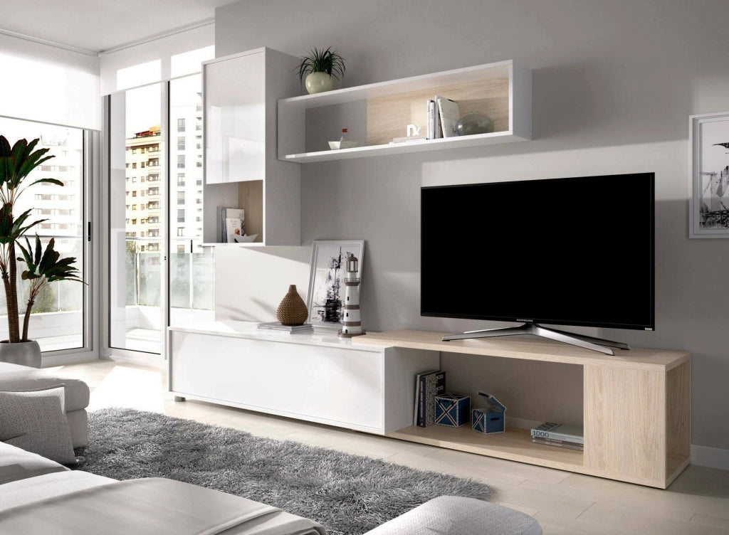 Parete attrezzata Fortuna, Set da soggiorno modulare ad angolo, Mobile salotto multiposizione, 230x41h180 cm, Bianco e Rovere