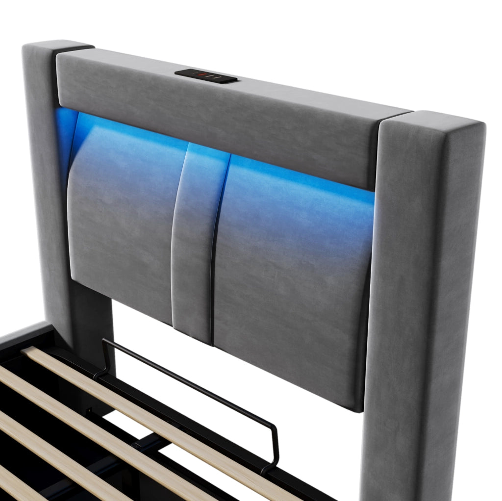 Letto singolo 90x200 cm con contenitore; LED; USB e Type-C in velluto grigio; con materasso