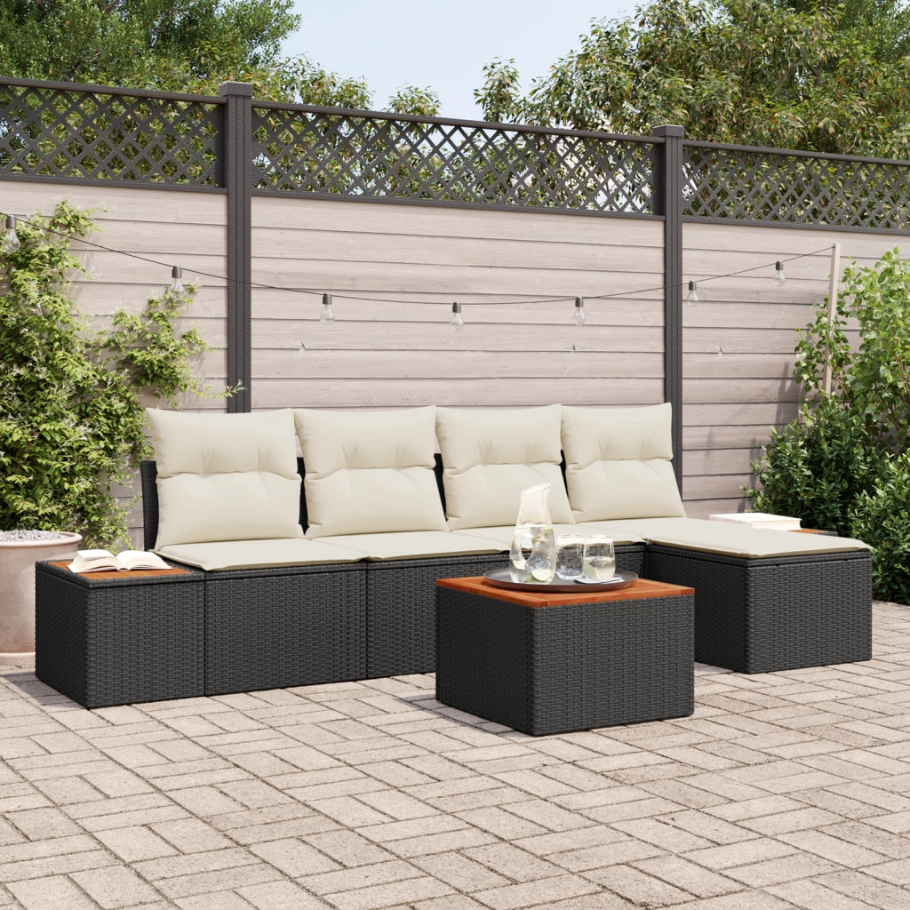 Set di divani da giardino da 6 pezzi con cuscini Nero Polyrattan Acacia