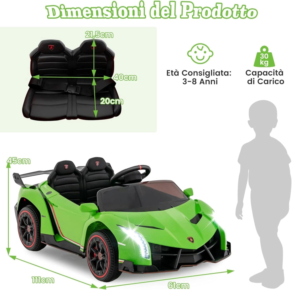 Lamborghini Macchina Elettrica per Bambini, Auto Elettrica Cavalcabile con Telecomando Luci LED, 3 Velocità, 3-6 km/h, per Bambini 3-8 Anni (Verde)