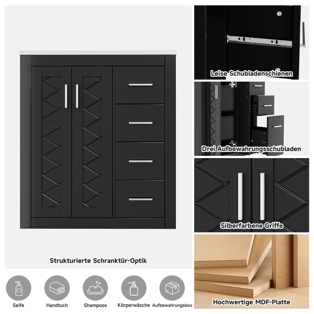 Mobile sottolavabo con lavabo in ceramica 2 ante e 3 cassetti per bagno in MDF e ceramica nero 76 × 46,5 × 85,5 cm