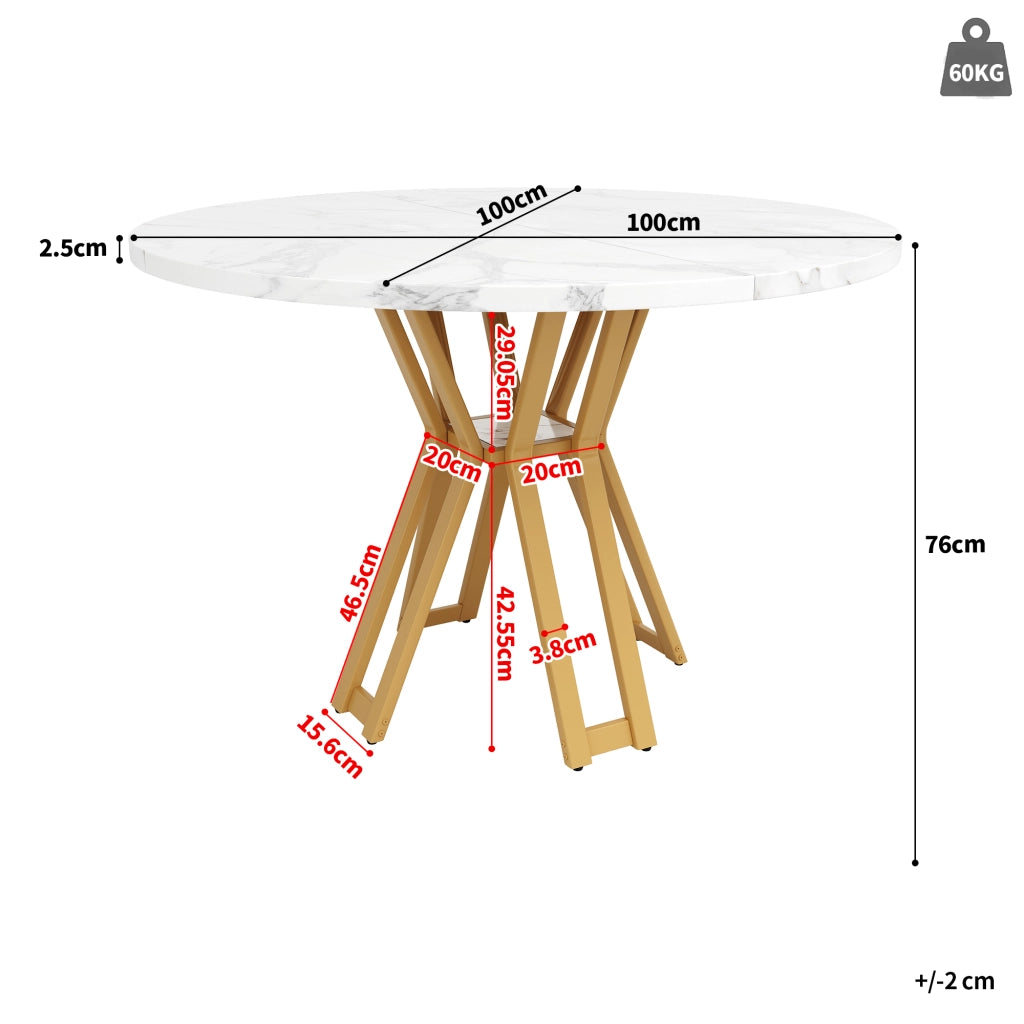 Tavolo da pranzo rotondo per 4-6 persone con piano in MDF effetto marmo e gambe in metallo, per soggiorno 100 × 100 × 76 cm
