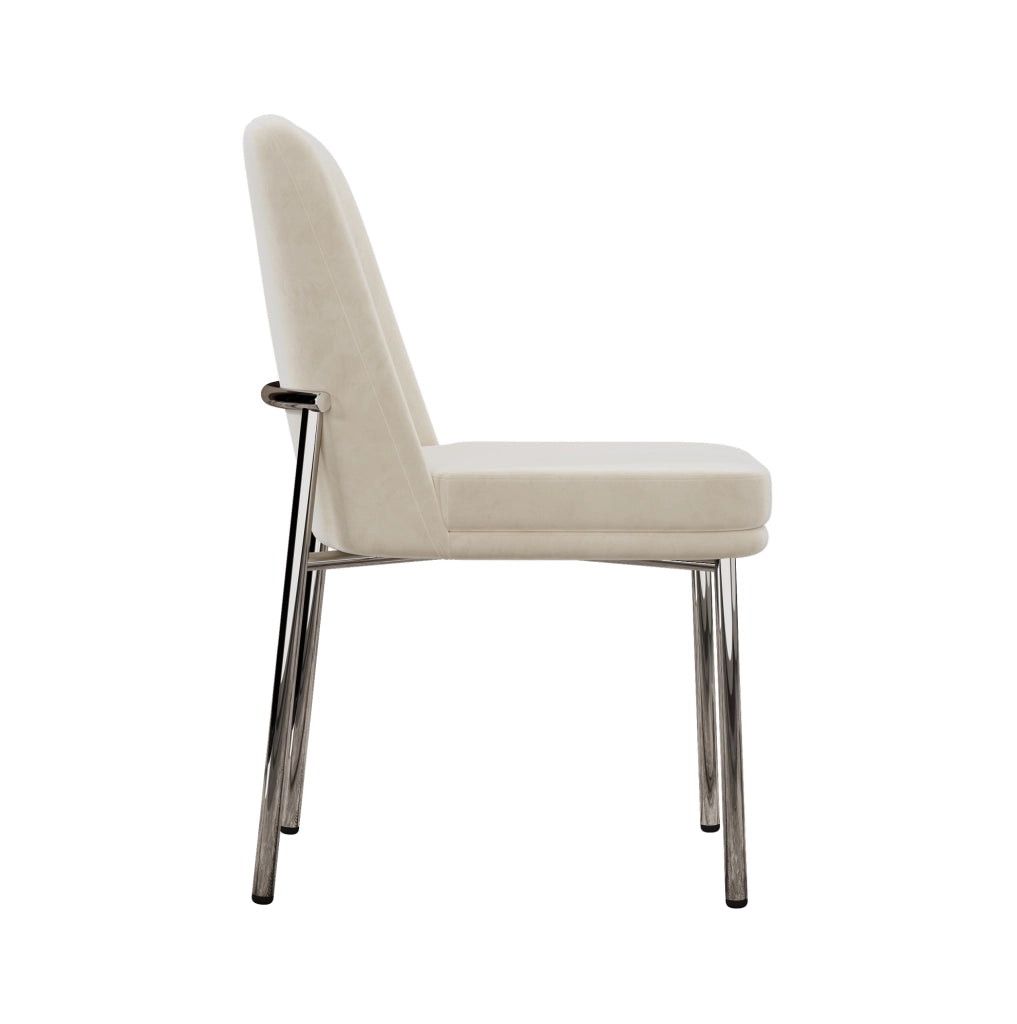 Set di 4 sedie da pranzo in velluto beige; con struttura in metallo cromato e seduta imbottita