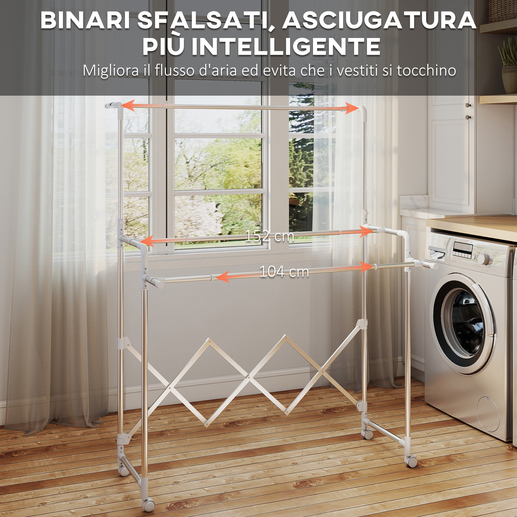 Stendibiancheria Pieghevole con 3 Barre Regolabili Ruote Girevoli e Struttura in Acciaio Inox Argento