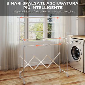 Stendibiancheria Pieghevole con 3 Barre Regolabili Ruote Girevoli e Struttura in Acciaio Inox Argento