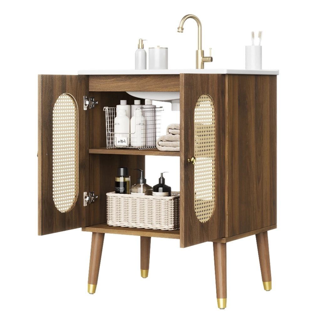 Mobile bagno con 2 ante e 2 ripiani con lavabo in ceramica; in MDF e rattan; per bagno; 61×47×89 cm