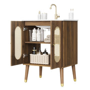 Mobile bagno con 2 ante e 2 ripiani con lavabo in ceramica; in MDF e rattan; per bagno; 61×47×89 cm