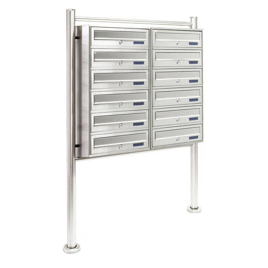 Cassetta postale condominiale autoportante, 12 posti, acciaio inox, 945 x 270 x 1500 mm, 2 moduli