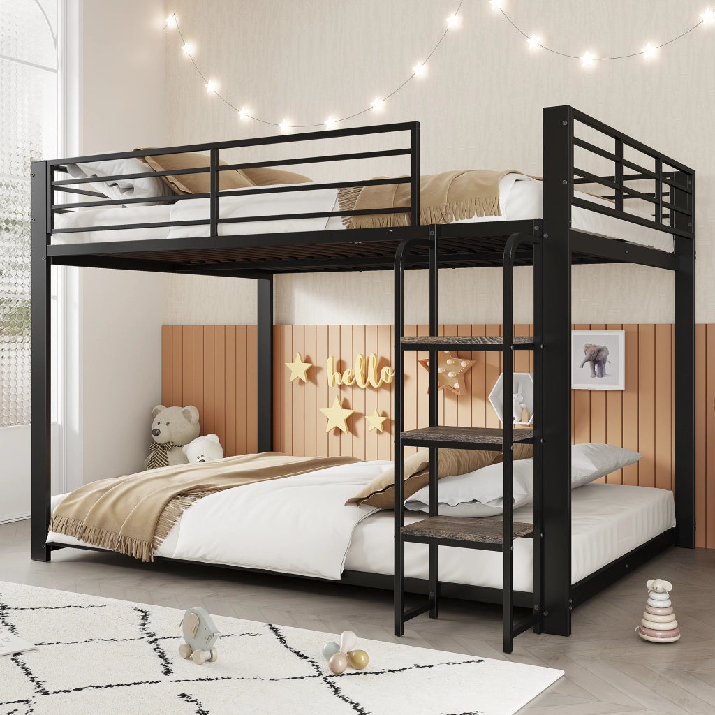 Letto a castello matrimoniale 140 × 200 cm con scaletta larga e barriera di sicurezza, senza materasso, in metallo e MDF, nero