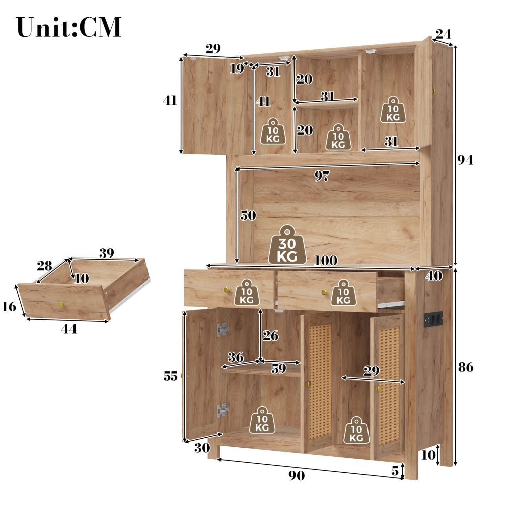 Credenza cucina alta 100x40x180 cm in MDF naturale con LED; prese e 2 cassetti