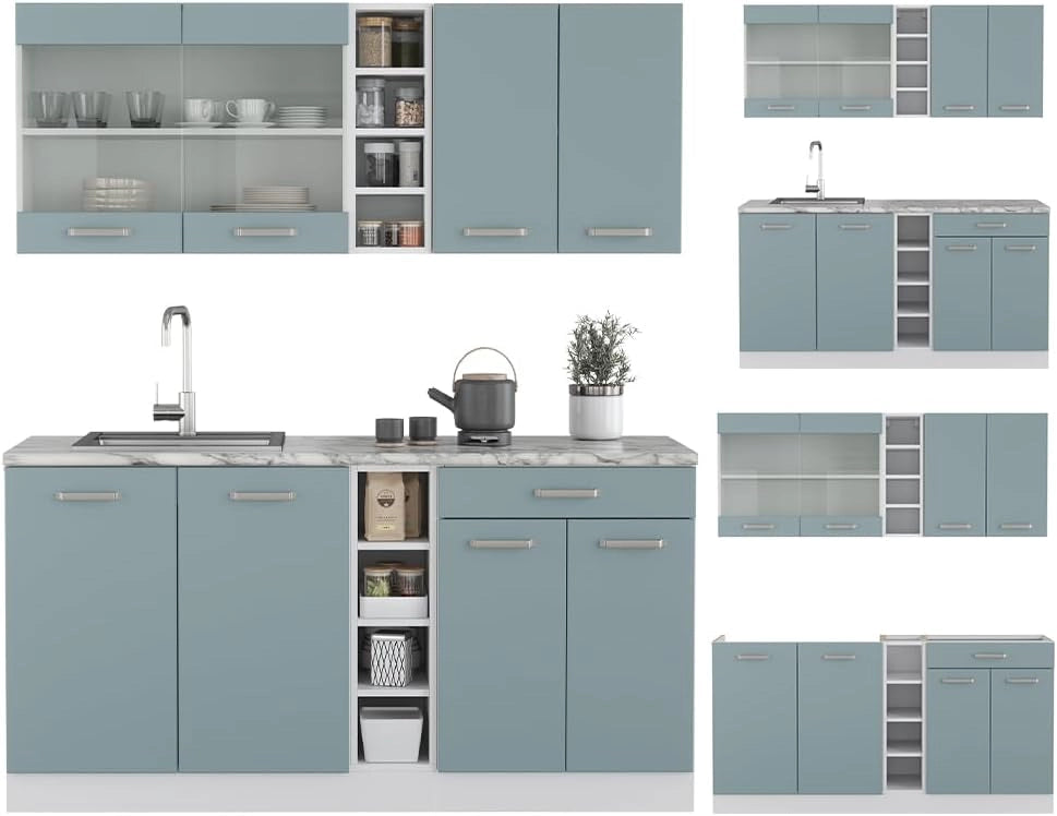 Cucina monoblocco R-Line, Grigio-blu, 160 cm, PL Marmo, con disposizione flessibile dei moduli ed espandibile