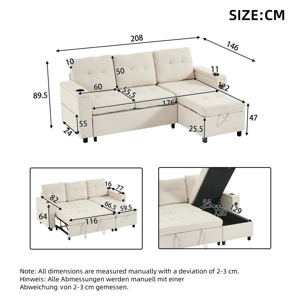 Sofa letto pieghevole 208 x 146 x 89;5 cm con contenitore nascosto; beige