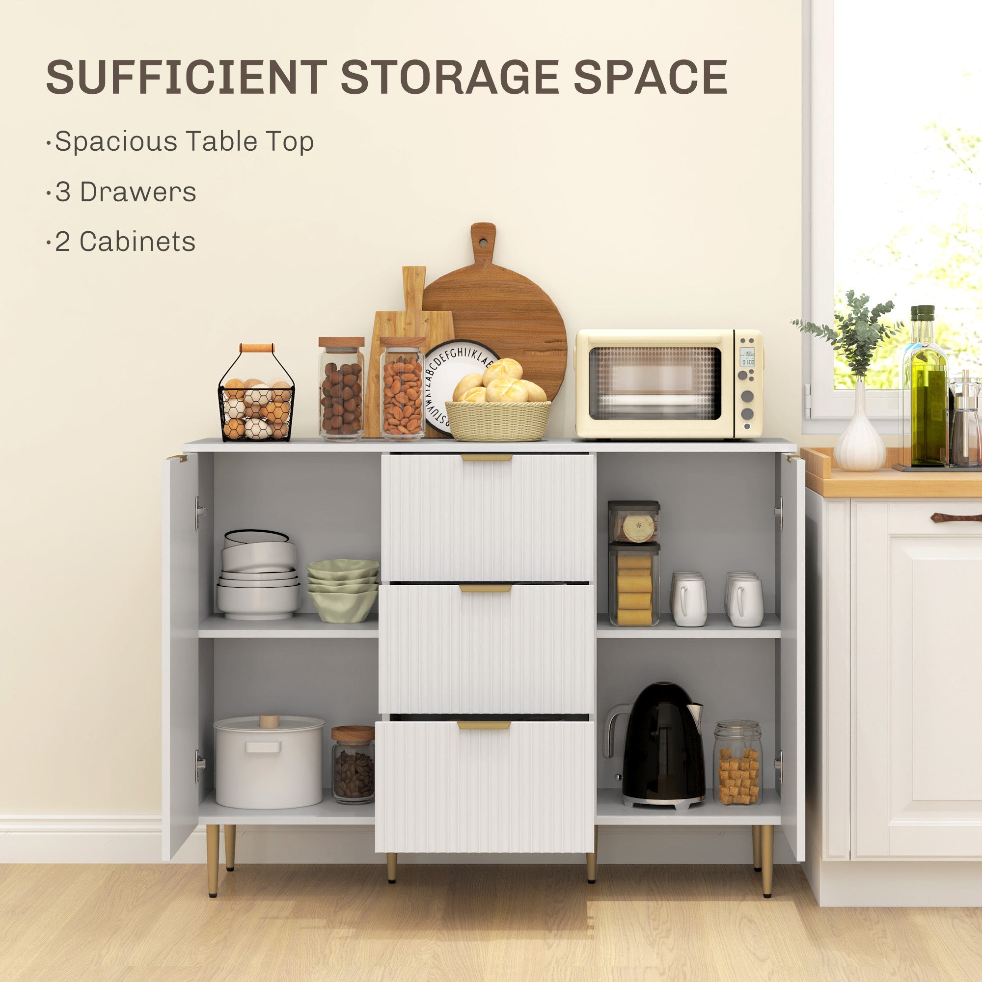 Credenza Moderna 120x40x89,5 cm con 3 Cassetti e 2 Armadietti in Legno e Metallo Bianco