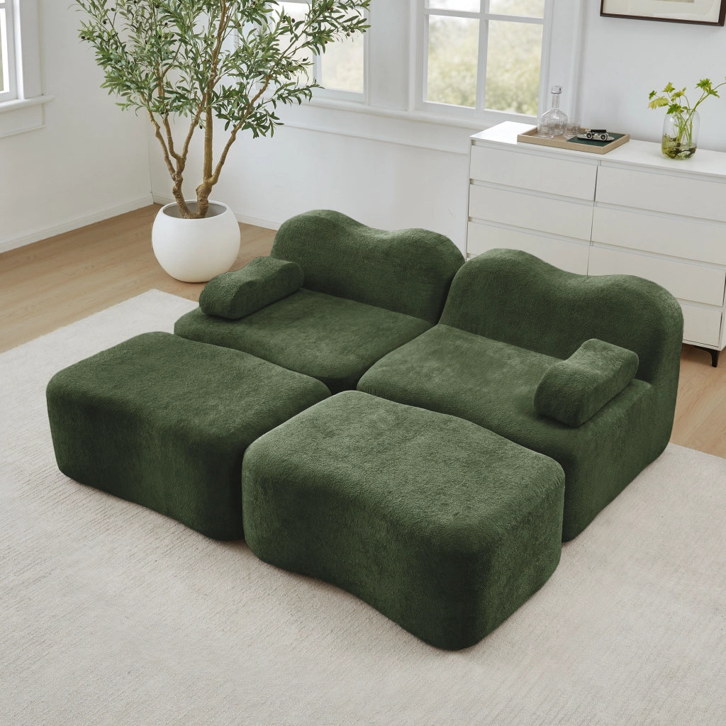 Canapé modulaire 2 posti con pouf collegabili, seduta profonda e schiuma ad alta densità per soggiorno in velluto verde