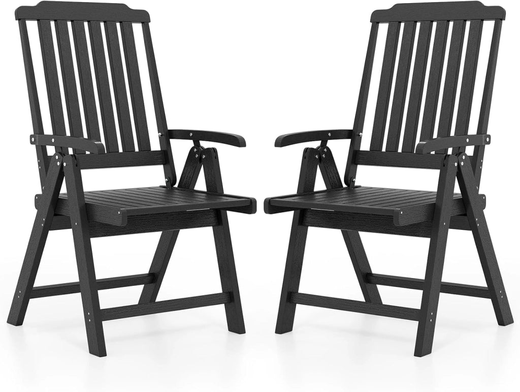 Sedia da Veranda Pieghevole, Sedia da Pranzo in HDPE con Braccioli, Schienale Curvo, Seduta a Listoni, Design Robusto per Terrazza, Giardino, Prato, Portico, Balcone, Portata 150 kg (Nero)