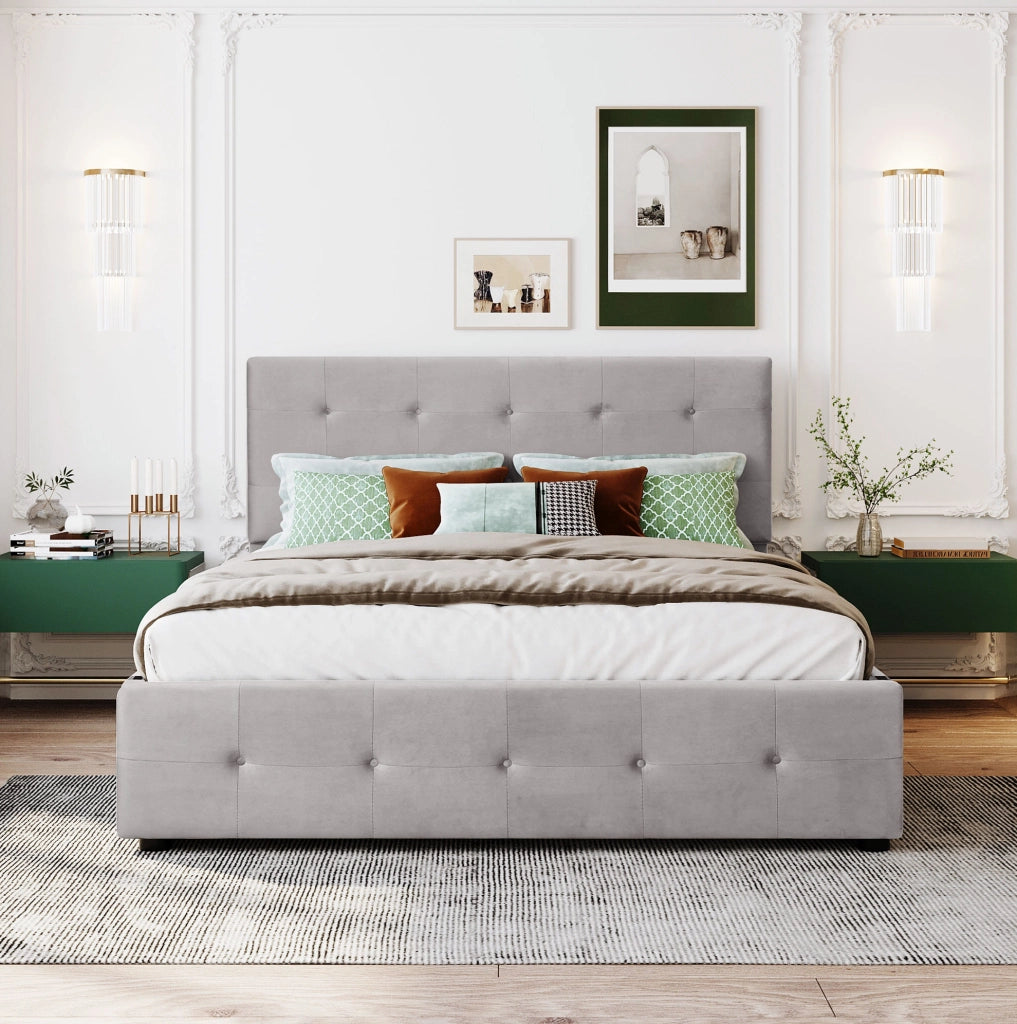 Letto matrimoniale 140x200 cm con 4 cassetti; struttura robusta; velluto imbottito; grigio