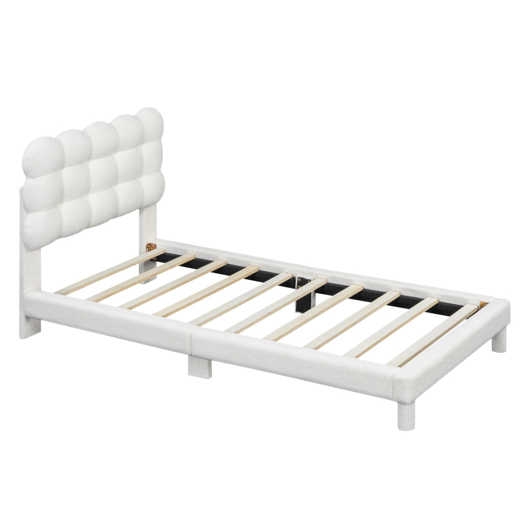 Letto singolo imbottito 90x200 cm con testiera regolabile in tessuto peluche; bianco