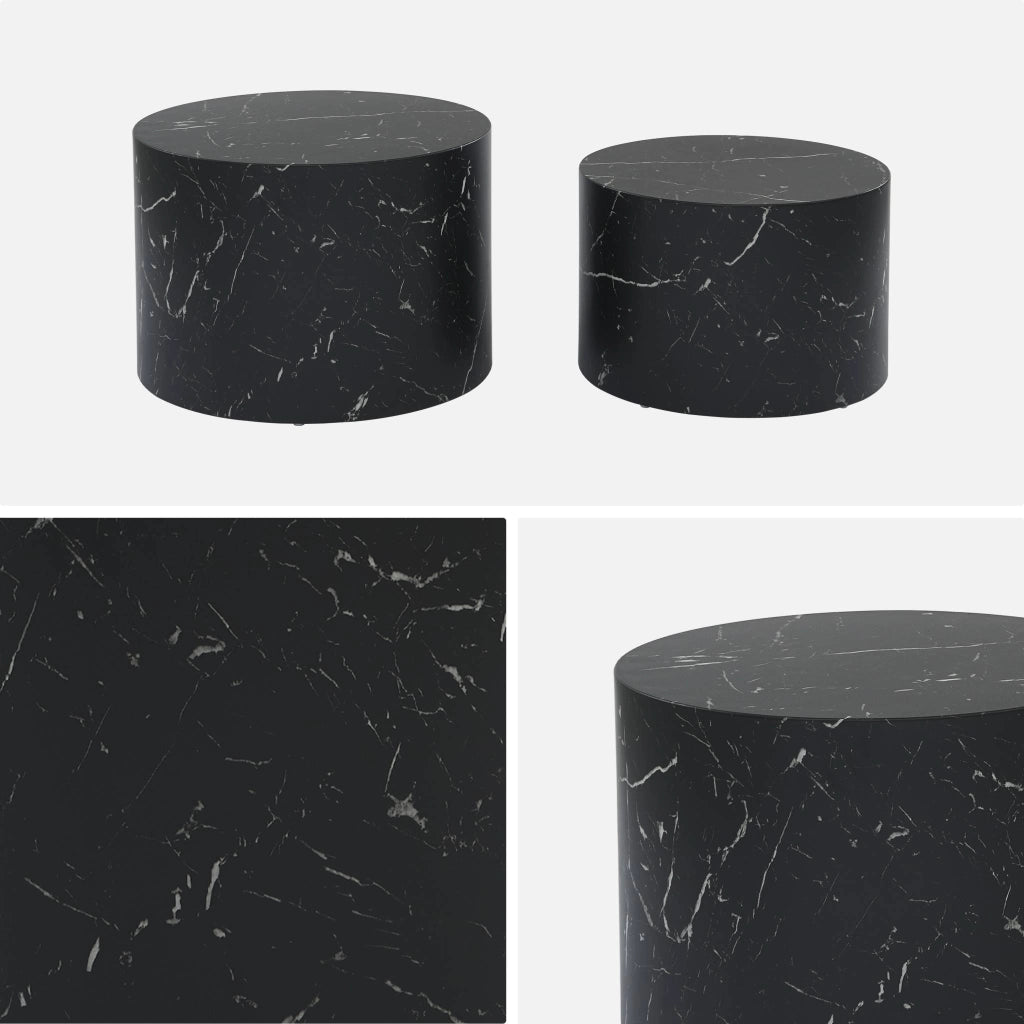Set di 2 tavolini rotondi con effetto marmo, nero