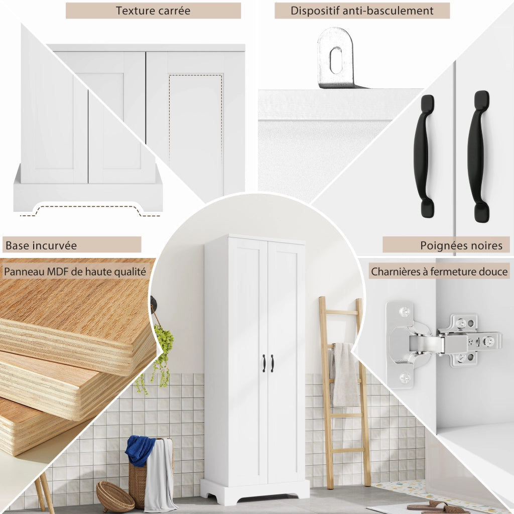 Armadietto da bagno con 2 ante, 4 vani e ripiani regolabili, soft-close, in MDF, bianco, 56 × 40 × 170 cm