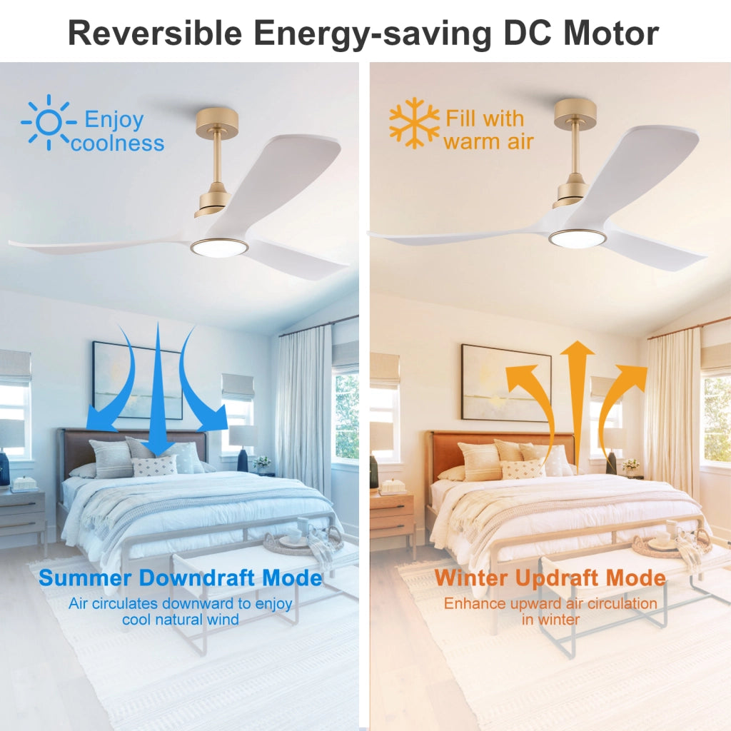 Ventilatore da soffitto bianco-oro 52 pollici con luce e telecomando, funzione memoria, motore DC silenzioso reversibile, 3 pale ABS