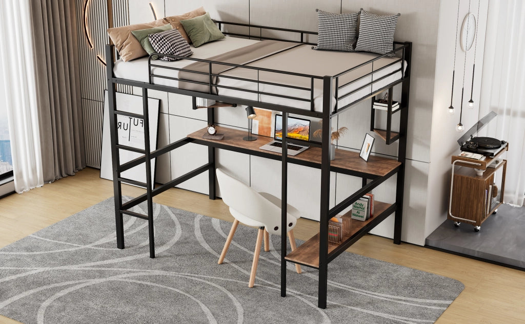 DESMIU Letto a soppalco 1 posto con scrivania, 4 ripiani e libreria, 90 × 200 cm, senza materasso, metallo nero