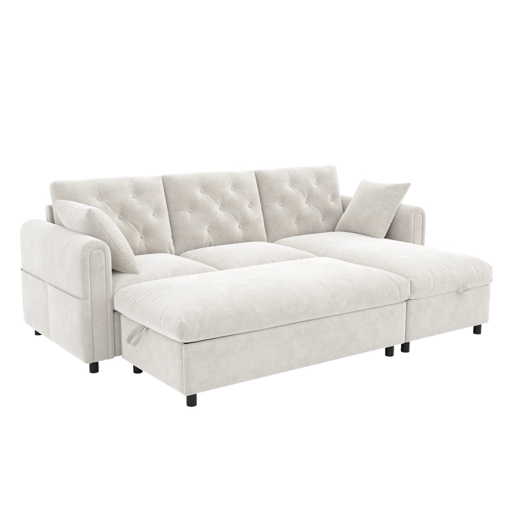 Divano in velluto beige con chaise longue reversibile, pouf contenitore e funzione letto temporanea