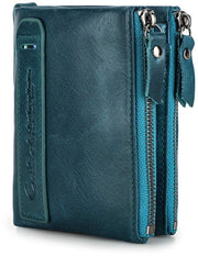 Portafoglio Uomo Corto - Materiale Pelle Reale con Doppia Cerniera e Tasca per Carte - Blu