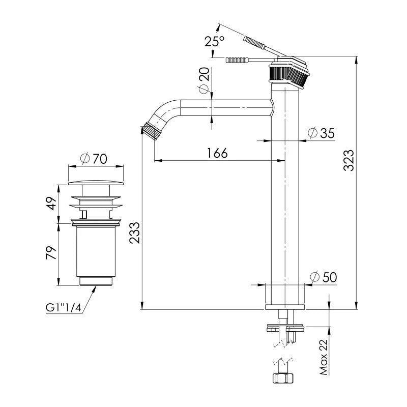 Miscelatore alto per lavabo con scarico click-clack e troppo pieno - serie Atelier